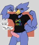  anthro avian balls beak berdly bird black_clothing black_shirt black_topwear blue_body blue_feathers bottomless clothed clothing deltarune eyewear feathers flexing flexing_bicep genitals glasses humanoid_genitalia humanoid_penis latchk3y lgbt_pride male penis pride_colors rainbow_flag rainbow_pride_flag rainbow_symbol shirt shirt_only solo tail_feathers text text_on_clothing text_on_shirt text_on_topwear topwear topwear_only undertale_(series) video_games yellow_beak 