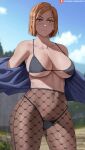  1girl ass_visible_through_thighs bare_shoulders bikini black_bikini black_legwear blue_jacket blue_sky blurry blurry_background breasts brown_eyes closed_mouth cloud collarbone commentary covered_navel cowboy_shot day eyelashes fishnet_legwear fishnets highleg highleg_bikini highres jacket jujutsu_kaisen kugisaki_nobara large_breasts light_brown_hair looking_at_viewer open_clothes open_jacket outdoors pantyhose pantyhose_under_swimsuit patreon_logo patreon_username shexyo sky solo standing string_bikini swimsuit thick_thighs thighs tree underboob v-shaped_eyebrows web_address 
