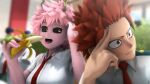  1boy 2girls 3d :| arm_up banana black_sclera blurry blurry_background blush boku_no_hero_academia breasts cafeteria closed_mouth colored_sclera colored_skin commentary english_commentary epaulettes food fruit greatm8 hagakure_tooru hand_on_own_head hand_rest hands_up highres holding holding_food holding_fruit horns indoors invisible looking_at_another looking_away medium_breasts multiple_girls open_mouth pink_hair pink_skin plant raised_eyebrow red_eyes school_uniform shirt short_hair sleeves_rolled_up source_filmmaker_(medium) spiked_hair sweat tongue tongue_out u.a._school_uniform v-shaped_eyebrows white_shirt window wing_collar yellow_eyes 