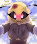  2021 antennae_(anatomy) anthro areola arthropod bee big_breasts black_sclera blonde_hair blossom_(thousandfoldfeathers) breasts dialogue digital_media_(artwork) english_text female flower fur hair hi_res hymenopteran insect mandibles nipples non-mammal_breasts nude pink_eyes plant solo text thousandfoldfeathers yellow_body yellow_fur 