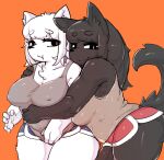  2021 5_fingers anthro big_breasts black_body black_fur blue_eyes bottomwear breasts canid canine clothed clothing curvy_figure duo embrace eyebrows female female/female fingers fox fur hi_res hotpants hug inner_ear_fluff kemono kukurikoko looking_at_viewer mammal nipple_outline orange_background pouting red_eyes shirt shorts simple_background smile smiling_at_viewer tank_top thick_eyebrows thick_thighs topwear tuft voluptuous white_body white_fur 