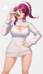  1girl absurdres alcohol bottle breasts burnt_green_tea cleavage cleavage_cutout clothing_cutout drink drinking genshin_impact hand_on_hip hat highres large_breasts long_sleeves looking_at_viewer one_eye_closed purple_hair rosaria_(genshin_impact) santa_hat solo standing sweater yellow_eyes 