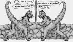  anus bethesda_softworks bodily_fluids deathclaw duo english_text fallout female female/female feral genital_fluids genitals hi_res pussy pussy_juice raised_tail scales scalie sibling speech_bubble suggested_rape text thorad threatening twins video_games wall_(structure) 