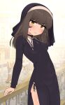 1girl bangs black_dress blush breasts brown_hair catholic christianity closed_mouth cross cross_necklace dress eyebrows_visible_through_hair highres jewelry long_sleeves looking_at_viewer medium_breasts medium_hair nakta necklace nun original solo thighhighs yellow_eyes 