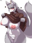  &lt;3 2021 3:4 absurd_res anthro areola big_breasts blush breasts canid canine clothed clothing female fur genitals hair hi_res mammal nipples pussy solo taphris 