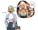  2girls alternate_costume apron artist_name ash_(fire_emblem) bag black_pants breasts brown_eyes cleavage coffee_cup cow_girl cow_horns cup dark-skinned_female dark_skin disposable_cup earrings english_commentary english_text fire_emblem fire_emblem_heroes food formal green_apron green_hair handbag horns iced_latte_with_breast_milk_(meme) jewelry laegjarn_(fire_emblem) meme meziosaur multicolored_hair multiple_girls pants red_eyes silver_hair sleeveless starbucks suit thought_bubble toast 