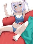  1girl armpits bangs blue_eyes blue_hair blunt_bangs breasts eyebrows_visible_through_hair gawr_gura highres hololive hololive_english kouy looking_at_viewer medium_breasts medium_hair multicolored_hair silver_hair sitting solo spread_legs streaked_hair two_side_up virtual_youtuber 