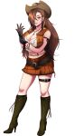  1girl absurdres adjusting_clothes adjusting_gloves alternate_costume bangs belt black_gloves black_legwear boots breasts brown_eyes brown_hair cleavage closed_mouth commentary cosplay cow_girl cowboy_hat dangle_earrings earrings final_fantasy final_fantasy_vii fire_emblem fire_emblem_fates gloves hair_over_one_eye hat high_heel_boots high_heels highres jewelry kagero_(fire_emblem) knee_boots large_breasts leg_belt light_smile lips long_hair looking_at_viewer midriff miniskirt simple_background skirt sleeveless sleeveless_jacket tank_top thigh_strap tifa_lockhart tifa_lockhart_(cosplay) white_background white_tank_top will_(willanator93) 