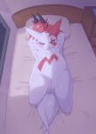  anus bed belly blush female feral fur furniture genitals hands_behind_head hi_res kajinchu looking_at_viewer lying mammal nintendo on_back on_bed pillow pok&eacute;mon pok&eacute;mon_(species) presenting presenting_pussy purple_eyes pussy shy slightly_chubby solo video_games zangoose 
