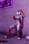  2021 2:3 absurd_res against_surface against_wall anthro biped breasts clothing erection genitals gynomorph hand_on_own_breast hi_res high_heels intersex lagomorph leporid mammal nipples open_mouth penis purple_rubber_suit rabbit rubber rubber_clothing rubber_suit solo suule 