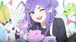  blue_eyes blush braid dragon dragoon_(selen_tatsuki) ember_(selen_tatsuki) eyebrows_visible_through_hair fangs gift hat head_wings highres holding holding_gift lendivere looking_at_viewer medium_hair nijisanji nijisanji_en one_eye_closed party_hat petting purple_hair selen_tatsuki smile solo twin_braids twitter_username virtual_youtuber 