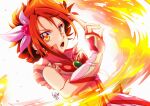  1girl :o brooch butterfly_earrings cure_rouge dated earrings fingerless_gloves fire flower frills gloves hair_flower hair_ornament jewelry looking_at_viewer magical_girl natsuki_rin open_mouth orange_eyes pink_flower pink_rose precure red_hair rose short_hair signature solo spiked_hair tomo5656ky upper_body vest yes!_precure_5 yes!_precure_5_gogo! 