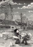  2girls amusement_park chair chito_(shoujo_shuumatsu_ryokou) closed_eyes cloud cloudy_sky ferris_wheel gloves greyscale highres leoleonardk10 long_hair looking_away monochrome multiple_girls open_mouth roller_coaster scenery shoujo_shuumatsu_ryokou sitting sky table yuuri_(shoujo_shuumatsu_ryokou) 