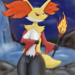  angry angry_eyes anthro black_body black_fur blubluumon breast_grab breasts butt covering covering_breasts delphox female fire fur genitals hand_on_breast hi_res nintendo orange_body orange_fur pok&eacute;mon pok&eacute;mon_(species) pussy red_body red_fur solo video_games wand white_body white_fur yellow_body yellow_fur 