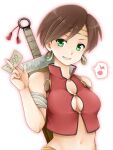  1girl breasts cleavage cleavage_cutout clothing_cutout gensou_suikoden gensou_suikoden_iv green_eyes ham_pon looking_at_viewer midriff mitsuba_(suikoden) money navel short_hair simple_background smile solo sword weapon white_background 