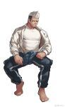  1boy bara barefoot black_hair facial_hair highres jacket looking_at_viewer male_focus mature_male multicolored_hair muscular muscular_male original pants selkiro shirt smile solo stubble sweatpants two-tone_hair white_background white_hair white_jacket white_shirt 