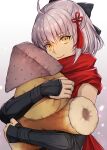  1girl ahoge artist_name dated fate/grand_order fate_(series) food food-themed_pillow grey_hair highres object_hug oden okita_souji_(alter)_(fate) okita_souji_(fate) pillow pillow_hug rokuo016 scarf yellow_eyes 