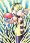  1girl absurdres bangs bare_arms black_choker blonde_hair blue_eyes blunt_bangs choker collarbone commentary_request elesa_(pokemon) eyelashes headphones highres holding holding_poke_ball oka_mochi outstretched_arm pantyhose parted_lips pink_nails poke_ball poke_ball_(basic) pokemon pokemon_(game) pokemon_bw short_hair sleeveless solo w 