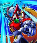  1boy 1girl android angry arm_cannon armor blonde_hair blue_eyes fangs gloves helmet highres long_hair looking_at_viewer male_focus mega_man_(series) mega_man_x_(series) open_mouth ponytail robot solo stoic_seraphim twitter_username weapon zero_(mega_man) 