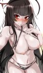  1girl bangs black_hair black_nails blue_archive blush breasts cleavage collarbone eyebrows_visible_through_hair halo hand_on_own_chest highres large_breasts long_hair looking_at_viewer machismo_fuji navel nipples panties reaching_out red_eyes selfie simple_background smile solo sweatdrop tsurugi_(blue_archive) underwear very_long_hair 