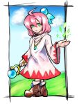  1girl ahoge closed_mouth final_fantasy final_fantasy_fables full_body green_eyes looking_at_viewer oomasa_teikoku pink_hair robe shirma short_hair solo staff white_mage 