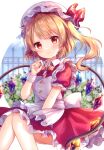  1girl absurdres apron bangs between_legs blonde_hair blurry blurry_background blush bow closed_mouth crystal depth_of_field diagonal_stripes dress eyebrows_visible_through_hair flandre_scarlet frilled_apron frilled_dress frills hand_between_legs hand_up hat hat_ribbon highres mob_cap non-web_source one_side_up pjrmhm_coa puffy_short_sleeves puffy_sleeves red_dress red_eyes red_ribbon ribbon scan short_sleeves smile solo striped striped_bow touhou white_apron white_headwear wings wrist_cuffs yellow_bow 