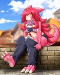  amano_jack animal_humanoid barefoot belt big_breasts bottomwear breasts claws cleavage clothed clothing cloud day detailed_background dragon dragon_humanoid feet female full-length_portrait fully_clothed hair hotpants humanoid leg_warmers legwear long_hair monster_girl_(genre) orange_eyes outside pink_body pink_scales portrait red_hair scales shorts sitting sky solo village wall_(structure) 
