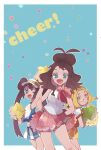  3girls :d ;d antenna_hair bangs bare_arms bianca_(pokemon) blonde_hair border bow cheering cheerleader commentary_request confetti double_bun english_text eyelashes fang glasses green_eyes highres hilda_(pokemon) holding holding_pom_poms long_hair looking_at_viewer misha_(ohds101) multiple_girls one_eye_closed open_mouth outline pink_skirt pleated_skirt pokemon pokemon_(game) pokemon_bw pokemon_masters_ex pom_pom_(cheerleading) rosa_(pokemon) semi-rimless_eyewear shirt short_sleeves skin_fang skirt smile tongue twintails 