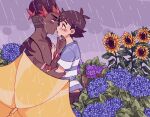  2boys antenna_hair ash_ketchum blush brown_hair catsubun_(kkst0904) commentary_request dark-skinned_male dark_skin eye_contact flower from_side highres imminent_kiss interracial jewelry kiawe_(pokemon) looking_at_another male_focus multicolored_hair multiple_boys necklace outdoors pokemon pokemon_(anime) pokemon_sm_(anime) rain red_hair shirt short_hair short_sleeves striped striped_shirt sunflower t-shirt topless_male umbrella undercut yaoi yellow_umbrella 