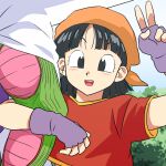  1boy 1girl arm_at_side bandana bangs black_eyes black_hair blunt_bangs bush colored_skin crop_top dragon_ball dragon_ball_gt fingerless_gloves flat_chest gloves green_skin hair_behind_ear hair_strand hand_up height_difference lado_(rado) leaf light_blue_background light_blush locked_arms muscular muscular_male open_mouth orange_bandana out_of_frame pan_(dragon_ball) piccolo purple_gloves shiny shiny_hair short_hair shoulder_pads simple_background smile straight_hair teeth v 