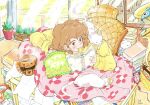  1girl bag_of_chips bangs blush book book_stack bookshelf brown_eyes brown_hair cat chair chips cup desk eraser food highres kawatsu_yuuki leaf medium_hair mouth_hold open_book original paper pencil plant potted_plant smile solo upper_body window 