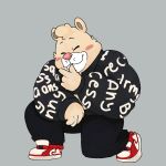  2021 american_black_bear anthro black_bear blush bottomwear breeze_in_the_clouds clothing eyes_closed humanoid_hands kermode_bear male mammal overweight overweight_male pants pile_(breeze_in_the_clouds) simple_background solo unatazaamarilla ursid ursine 