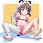  1girl animal_costume azusagawa_kaede barefoot bikini breasts brown_eyes brown_hair front-tie_top gabriel_pavani highres medium_hair navel panda_costume pink_bikini seishun_buta_yarou signature sitting sleepwear small_breasts solo spread_legs swimsuit two-tone_background 