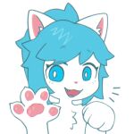  1:1 4_toes anthro blue_eyes blue_hair bust_portrait chest_tuft claws domestic_cat emanata eyebrow_through_hair eyebrows eyelashes feet felid feline felis female fur hair hi_res inner_ear_fluff looking_at_viewer mammal open_mouth pawpads pink_nose pink_pawpads ponytail portrait rolo_stuff simple_background solo tablekat teeth toes translucent translucent_hair tuft white_background white_body white_claws white_fur 