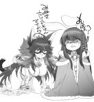  2girls ahoge animal_ears bangle blush bracelet breasts cape cat_ears cat_girl cat_tail cleavage commentary_request detached_sleeves eye_mask eyebrows_visible_through_hair fang full_body fur-trimmed_cape fur_collar fur_trim goinkyo highres jewelry large_breasts long_hair looking_at_another mizuki_takehito multiple_girls no_panties official_alternate_costume open_mouth rabbit_ears ragnarok_online scared see-through_dress simple_background skin_fang sorcerer_(ragnarok_online) tail translation_request warlock_(ragnarok_online) 