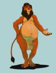  3_toes 4_fingers anthro belly big_belly biped black_mane brown_body brown_fur clawed_fingers clawed_toes colored cyan_background detailed disney feet felid feline fingers fur green_eyes half-closed_eyes hand_on_hip head_tuft hi_res lion long_tail male mammal mane moobs multicolored_body multicolored_fur narrowed_eyes navel ottlyoo overweight overweight_anthro overweight_male pantherine scar scar_(the_lion_king) shadow simple_background solo the_lion_king thin_eyebrows toes tuft two_tone_body two_tone_fur yellow_sclera 
