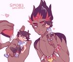  2boys :d ash_ketchum blush bracelet brown_hair brown_pants catsubun_(kkst0904) commentary_request dark-skinned_male dark_skin hand_up heart holding holding_poke_ball interracial jewelry kiawe_(pokemon) kiss male_focus miniboy multiple_boys necklace open_mouth pants poke_ball poke_ball_(basic) pokemon pokemon_(anime) pokemon_sm_(anime) shirt shoes short_hair short_sleeves smile striped striped_shirt t-shirt topless_male yaoi 