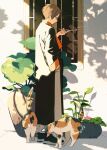  1boy black_footwear brown_hair cat flower glasses hand_in_pocket highres holding holding_pipe keishin leaf long_sleeves original pink_flower pipe plant potted_plant profile shadow shoes short_hair solo window 