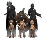  1boy 2girls :d absurdres black_hair blonde_hair bondrewd commentary covered_face english_commentary facing_away grey_hair helmet highres knifedragon long_sleeves looking_at_viewer lyza_(made_in_abyss) made_in_abyss mask multiple_girls ozen pants short_hair short_sleeves smile whistle whistle_around_neck white_background younger 