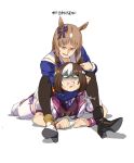  2girls absurdres animal_ears blue_jacket braid brown_hair camel_clutch chinese_text ear_bow ear_ribbon french_braid grass_wonder_(umamusume) highres horse_ears horse_girl jacket long_hair long_sleeves multiple_girls neck_ribbon profanity puffy_short_sleeves puffy_sleeves purple_ribbon ribbon ruukii_drift shaded_face short_hair short_sleeves simplified_chinese_text special_week_(umamusume) translated umamusume white_hair white_jacket wrestling 