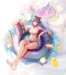  1girl absurdres arm_strap bangs bikini breasts cleavage double_bun eyewear_on_head full_body genshin_impact highres innertube keqing_(genshin_impact) large_breasts long_hair navel parted_lips purple_bikini purple_eyes purple_hair rubber_duck sunglasses swimsuit thigh_strap thighs water xude 
