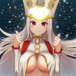  1girl absurdres blue_background breasts closed_mouth commentary english_commentary fate/grand_order fate_(series) hat highres irisviel_von_einzbern irisviel_von_einzbern_(caster) long_hair looking_at_viewer nipples red_eyes reijgr_(ff9999x) smile starry_background thumbs_up underboob upper_body white_hair white_headwear 
