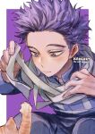  1boy artist_name bandages blue_pants blue_shirt boku_no_hero_academia cat close-up closed_mouth forehead frown hand_up kadeart long_sleeves male_focus pants purple_eyes purple_hair shinsou_hitoshi shirt short_hair solo spiked_hair squatting symbol-only_commentary tabby_cat two-tone_background 