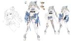  1girl :d aqua_eyes asymmetrical_legwear bandaid bandaid_on_knee bare_shoulders blue_hair blue_jacket commentary_request concept_art crown denim denim_shorts full_body girls&#039;_frontline grey_hair hand_on_hip heterochromia highres hillly_(maiwetea) jacket looking_at_viewer mini_crown multicolored_hair navel navel_piercing off_shoulder open_clothes open_jacket open_mouth piercing pout shorts simple_background smile streaked_hair symbol-shaped_pupils white_background yellow_eyes zip.22_(girls&#039;_frontline) 