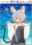  1girl absurdres animal_ear_fluff animal_ears bangs black_swimsuit blue_swimsuit blush border breasts caustics commentary_request cowboy_shot deal_with_it eyebrows_visible_through_hair greenpiecerice grey_hair grey_skirt highres innertube looking_at_viewer mouse mouse_ears mouse_girl mouse_tail multicolored_clothes multicolored_swimsuit nazrin one-piece_swimsuit open_mouth red_eyes shirt short_hair skirt small_breasts solo sunlight swimsuit swimsuit_under_clothes tail touhou translation_request undressing water white_border white_shirt white_swimsuit 