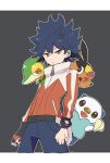  1boy bangs black_hair bright_pupils brown_eyes closed_mouth commentary_request fingerless_gloves frown gloves high_collar highres hugh_(pokemon) jacket long_sleeves male_focus misha_(ohds101) orange_jacket oshawott outline pants pokemon pokemon_(creature) pokemon_(game) pokemon_bw2 short_hair single_glove snivy spiked_hair starter_pokemon_trio tepig white_pupils zipper_pull_tab 