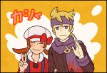  1boy 1girl bangs blonde_hair blush bow brown_hair brown_sweater cabbie_hat closed_eyes closed_mouth commentary_request eyelashes hand_up hat hat_bow jaho long_hair long_sleeves lyra_(pokemon) medium_hair morty_(pokemon) pokemon pokemon_(game) pokemon_hgss purple_eyes purple_headband purple_scarf red_bow red_shirt ribbed_sweater scarf shirt smile sweater twintails v white_headwear 