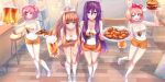  4girls :d alcohol bangs bare_arms bare_shoulders beer beer_mug bow breasts brown_hair burger chicken_nuggets cleavage clothes_writing commentary commission cup doki_doki_literature_club english_commentary food full_body hair_between_eyes hair_bow hair_ornament hair_ribbon hairclip highres holding holding_plate hooters large_breasts long_hair looking_at_viewer medium_breasts monika_(doki_doki_literature_club) mug multiple_girls natsuki_(doki_doki_literature_club) orange_shorts pink_hair plate ponytail purple_hair red_bow red_ribbon ribbon sayori_(doki_doki_literature_club) shoes short_hair short_shorts shorts sidelocks small_breasts smile socks takuyarawr tank_top two_side_up very_long_hair waitress white_footwear white_legwear white_ribbon white_tank_top yuri_(doki_doki_literature_club) 