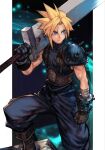  1boy armor baggy_pants biceps blonde_hair blue_eyes blue_pants blue_shirt brown_gloves buster_sword cloud_strife feet_out_of_frame final_fantasy final_fantasy_vii gloves holding holding_sword holding_weapon hungry_clicker male_focus over_shoulder pants pauldrons shirt short_hair shoulder_armor single_pauldron sleeveless sleeveless_shirt solo spiked_hair studded_gloves sword sword_over_shoulder turtleneck weapon weapon_over_shoulder 