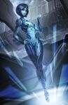  1girl artist_name blue_eyes blue_hair blue_lips blue_skin clenched_hand closed_mouth cloud colored_skin cortana feet floating full_body glowing halo_(series) hand_on_hip hand_up hologram imdrunkontea indoors light_smile science_fiction short_hair solo 